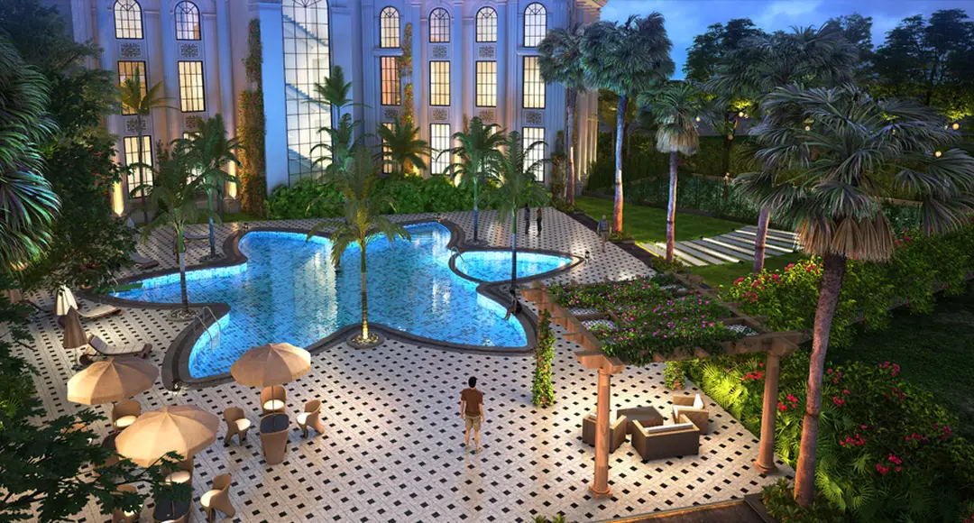 Swimming pool, cabanas and landscaped recreation at Swaminarayan City